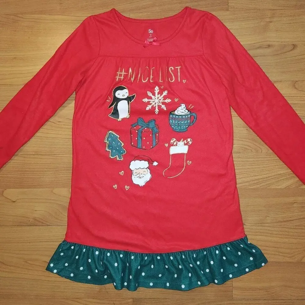Girls Red Flannel On the Nice List Holiday Nightgown || 12 || EUC